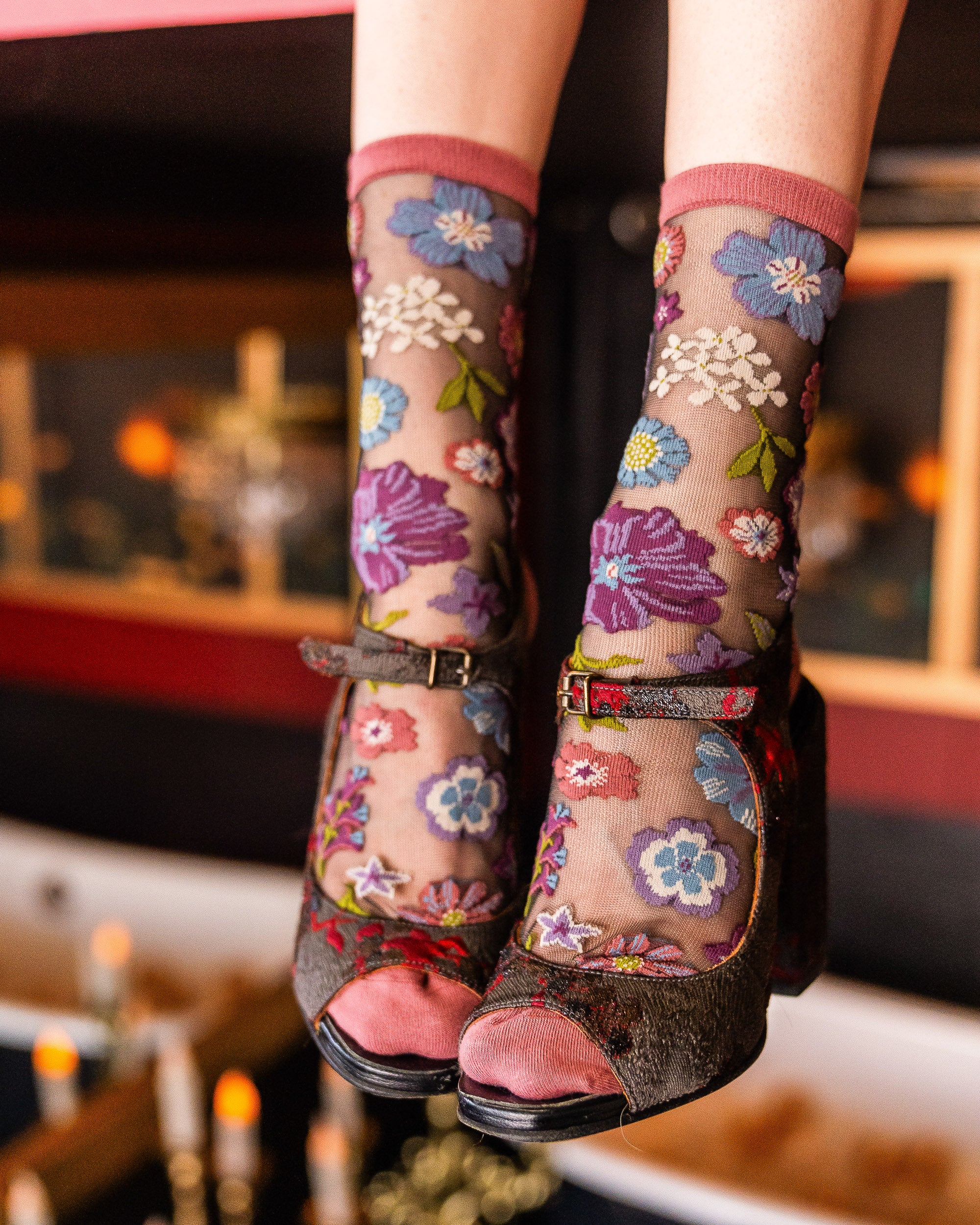Dark Florals Black Sheer Sock - Gothic Romance Socks for Women