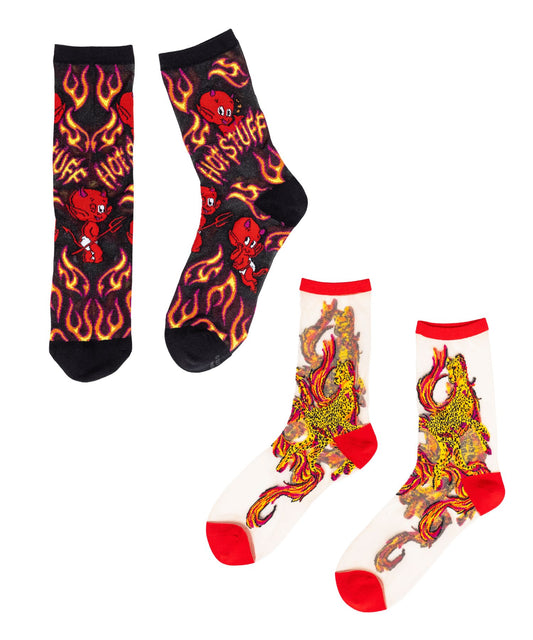 The Flaming Hot sheer sock bundle by Sock Candy featuring black Hot Stuff shimmer flame socks and white Flaming Cheetah mesh socks with red trim.