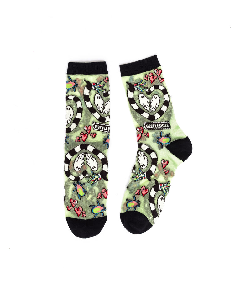 Sock Candy Beetlejuice™ Green Shimmer Sheer Crew Sock Sheer Socks Fashion Socks Halloween Socks Beetlejuice Socks Cute Halloween