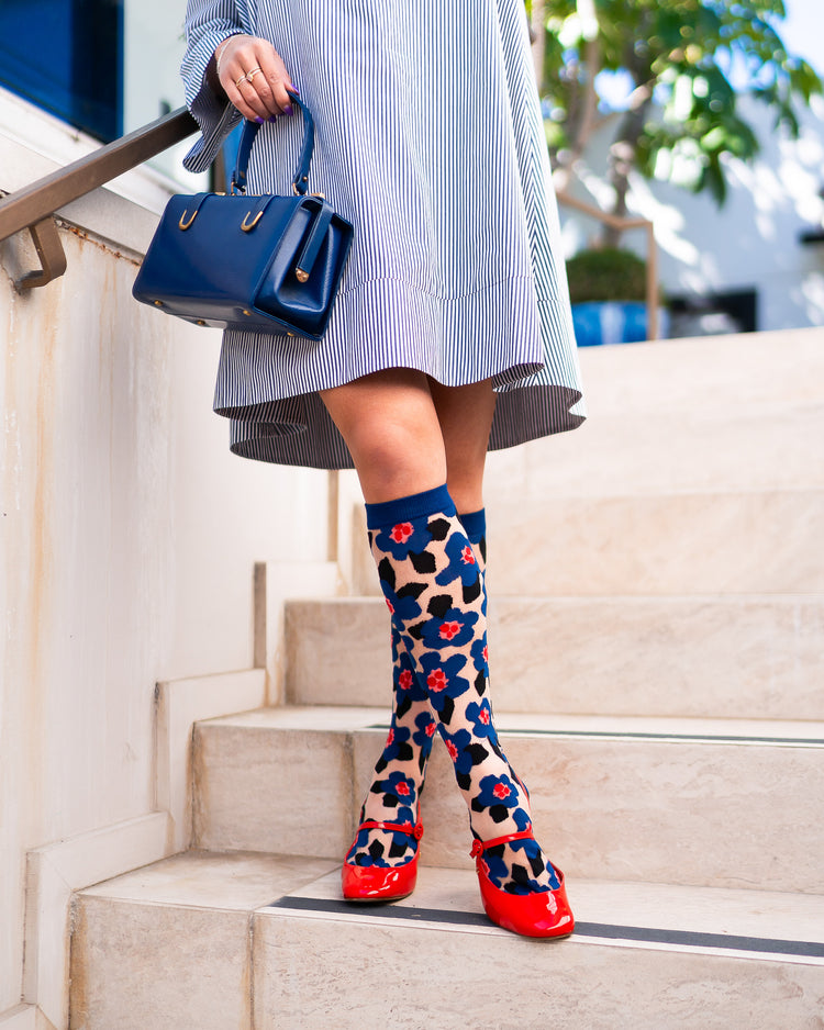 sock candy bold blue sheer knee high sock blue floral knee high fashion socks and heels