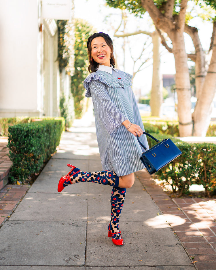 sock candy bold blue sheer knee high sock blue floral knee high fashion socks and heels