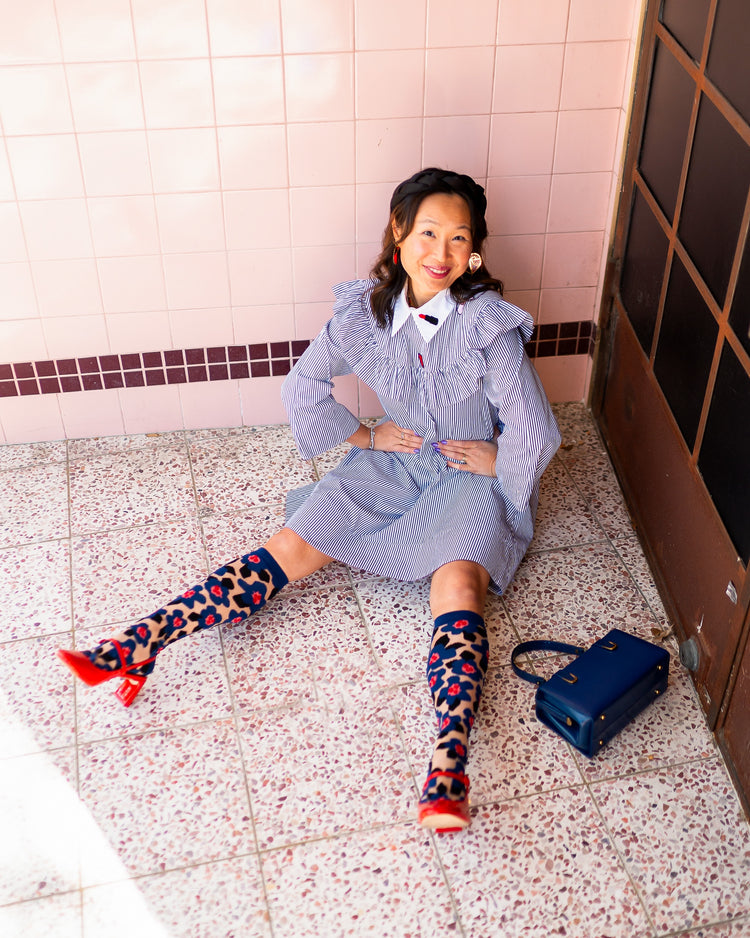 sock candy bold blue sheer knee high sock blue floral knee high fashion socks and heels