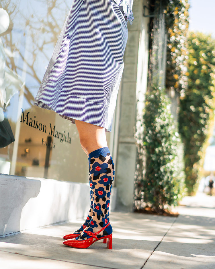 sock candy bold blue sheer knee high sock blue floral knee high fashion socks and heels