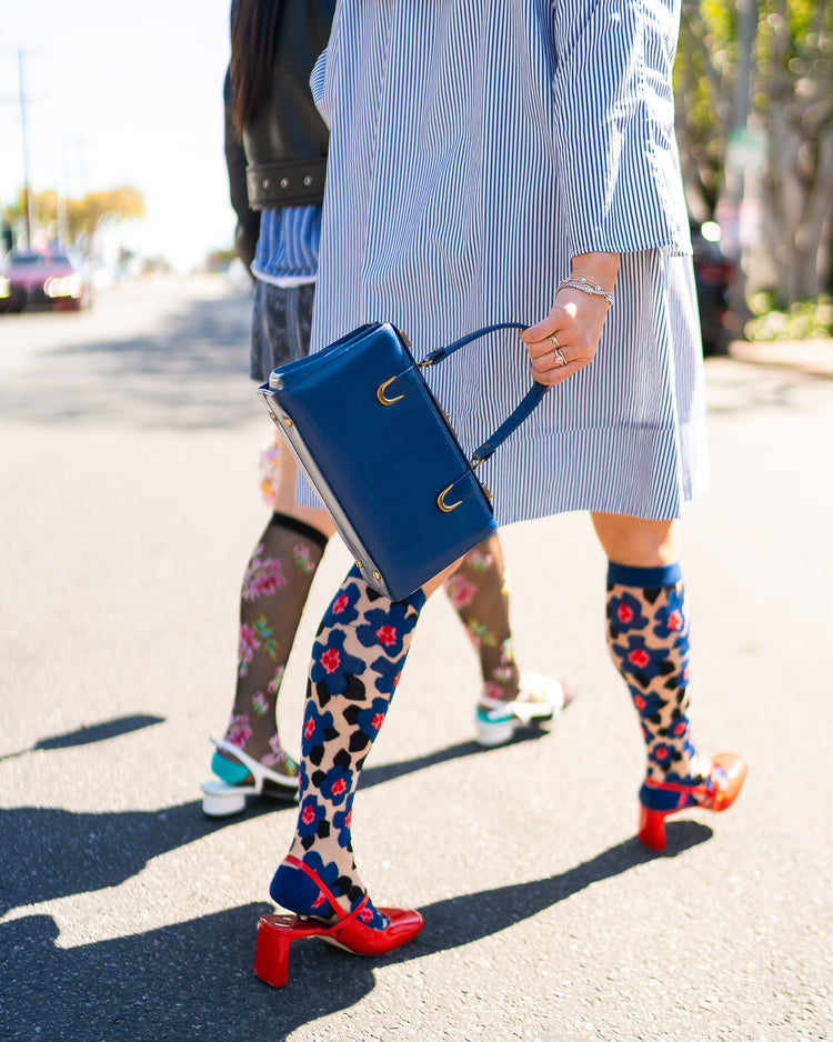 sock candy bold blue sheer knee high sock blue floral knee high fashion socks and heels