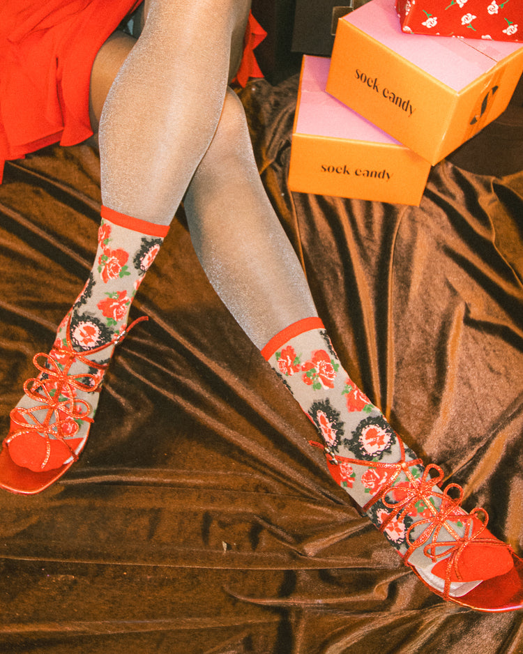 Sock candy cameo rose sheer sock red roses socks fancy valentines day holiday socks