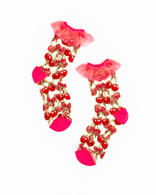 Sock Candy cherry bow ruffle sheer socks cherry print socks girly socks