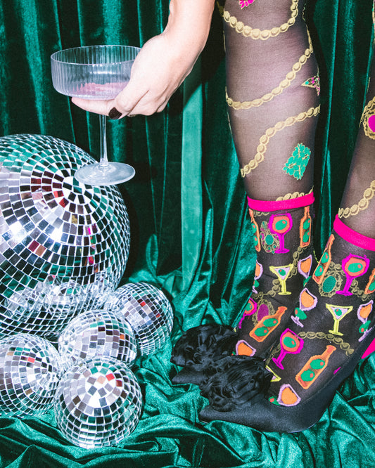 Sock candy cocktail hour black sheer socks wine and olives socks for women