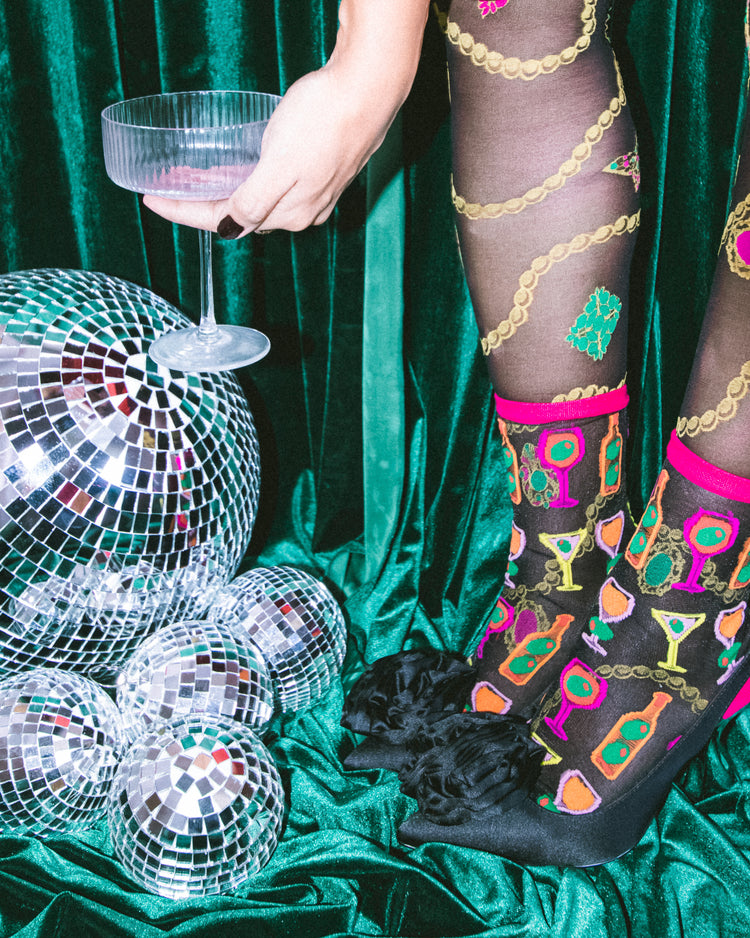 Sock candy cocktail hour black sheer socks wine and olives socks for women