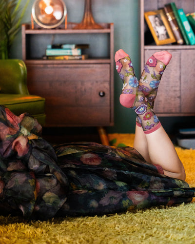 Sock Candy Dark florals black sheer socks fall floral boho socks