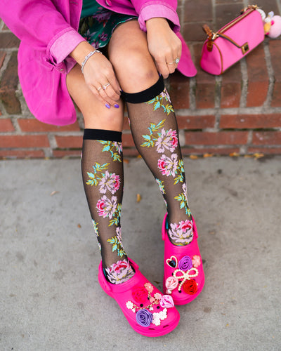 Floral Black Sheer Knee High Socks Sock Candy - Main Image