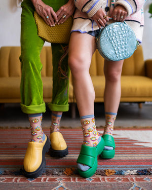 Sock candy evil eye print socks and slides styling inspiration