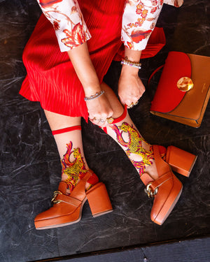 Sock Candy Flaming Cheetah Sheer Crew socks fiery red cheetah socks for women
