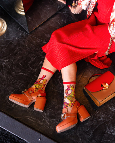 Sock Candy Flaming Cheetah Sheer Crew socks fiery red cheetah socks for women