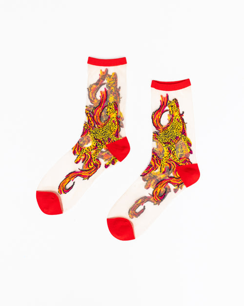 Sock Candy Flaming Cheetah Sheer Crew socks fiery red cheetah socks for women