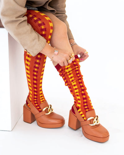 Sock candy interlocking plaid knee high socks and loafers scrunch socks