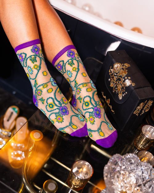 sock candy jeweled floral gold shimmer sheer sock fancy socks for women