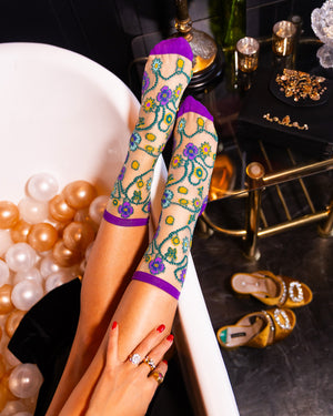 sock candy jeweled floral gold shimmer sheer sock fancy socks for women