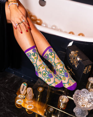 sock candy jeweled floral gold shimmer sheer sock fancy socks for women