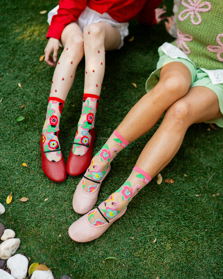 Sock Candy Ladybug & Flamingo Sheer Socks Bundle Flamingo Floral socks Lucky Ladybug socks sheer socks fashion socks cute socks whimsical socks socks with flats