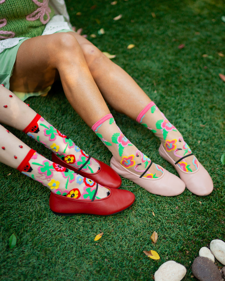 Sock Candy Ladybug & Flamingo Sheer Socks Bundle Flamingo Floral socks Lucky Ladybug socks sheer socks fashion socks cute socks whimsical socks socks with flats
