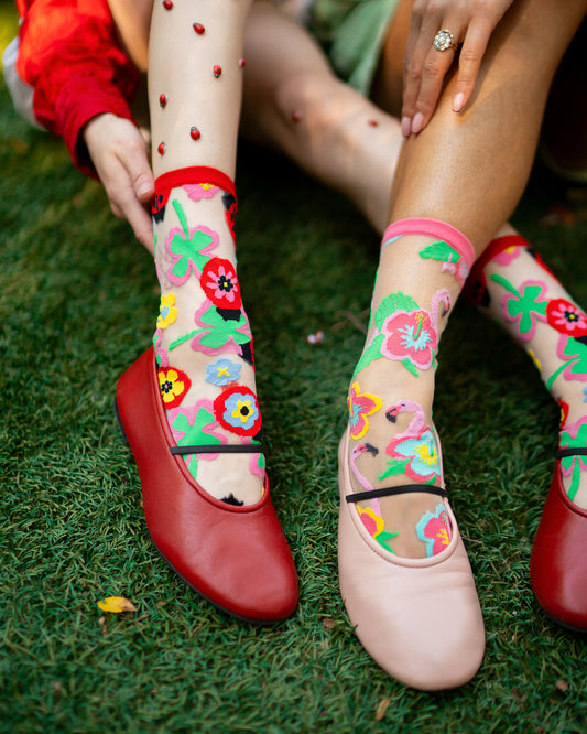 Sock Candy Ladybug & Flamingo Sheer Socks Bundle Flamingo Floral socks Lucky Ladybug socks sheer socks fashion socks cute socks whimsical socks socks with flats