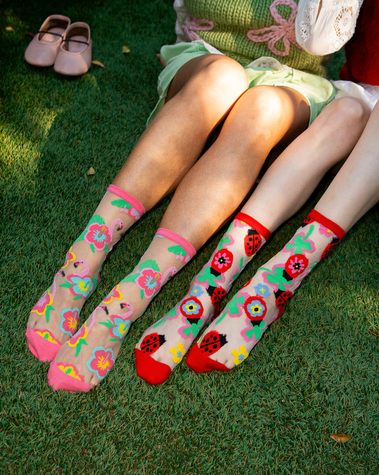 Sock Candy Ladybug & Flamingo Sheer Socks Bundle Flamingo Floral socks Lucky Ladybug socks sheer socks fashion socks cute socks whimsical socks