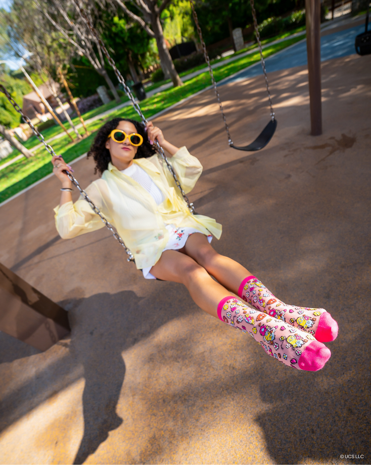 Sock Candy Minions Bello Spring Shimmer Sheer Crew Sock Sheer socks Fashion socks Whimsical socks Minions socks