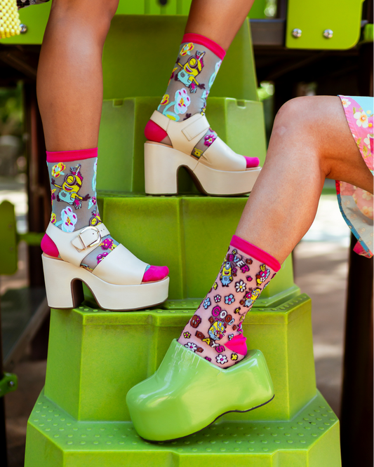 Sock Candy Minions Floral Shimmer Sheer Socks Bundle Sheer socks Fashion socks Whimsical socks Minions socks Socks with heels