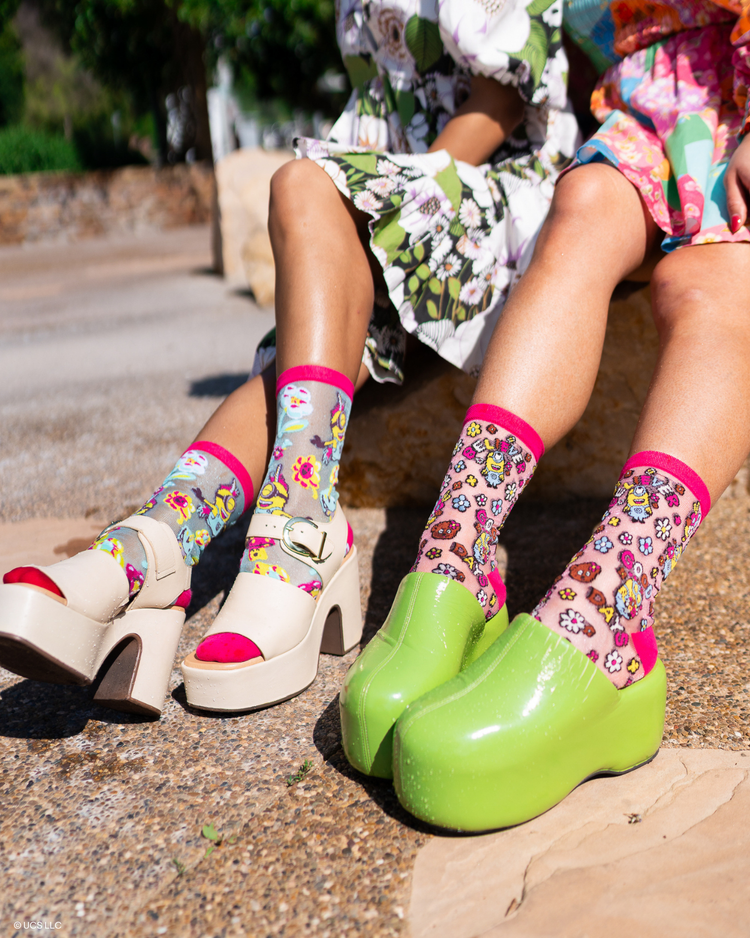 Sock Candy Minions Floral Shimmer Sheer Socks Bundle Sheer socks Fashion socks Whimsical socks Minions socks Socks with heels
