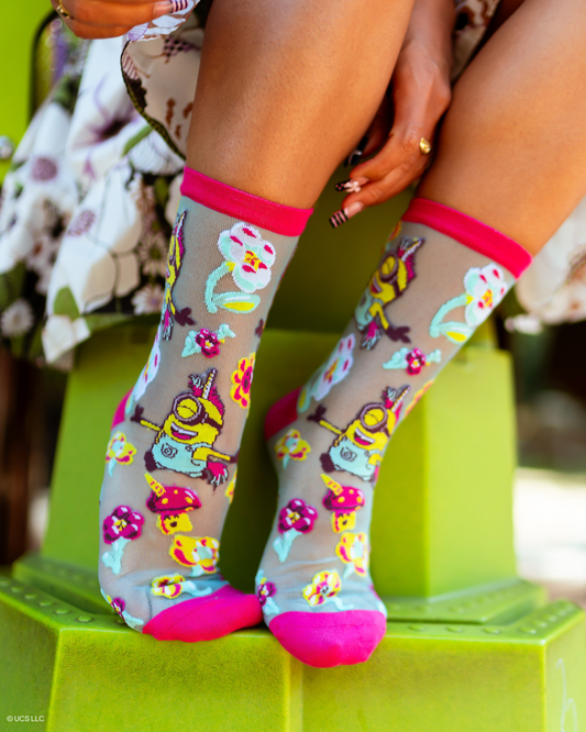 Sock Candy Minions Fluffy Dreams Shimmer Sheer Crew Sock Sheer socks Fashion socks Whimsical socks Minions socks