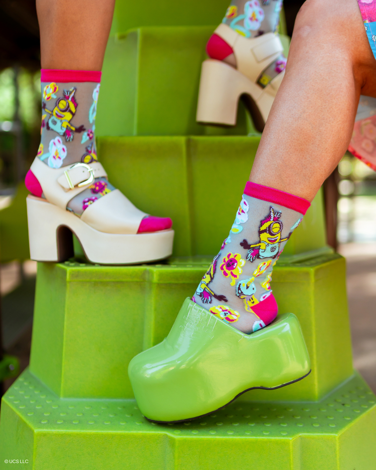 Sock Candy Minions Fluffy Dreams Shimmer Sheer Crew Sock Sheer socks Fashion socks Whimsical socks Minions socks Socks with heels
