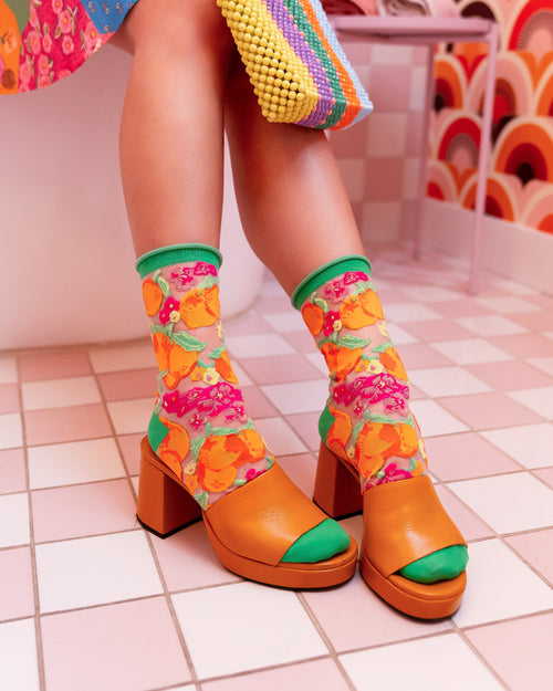 Sock candy orange floral sheer sock orange print socks
