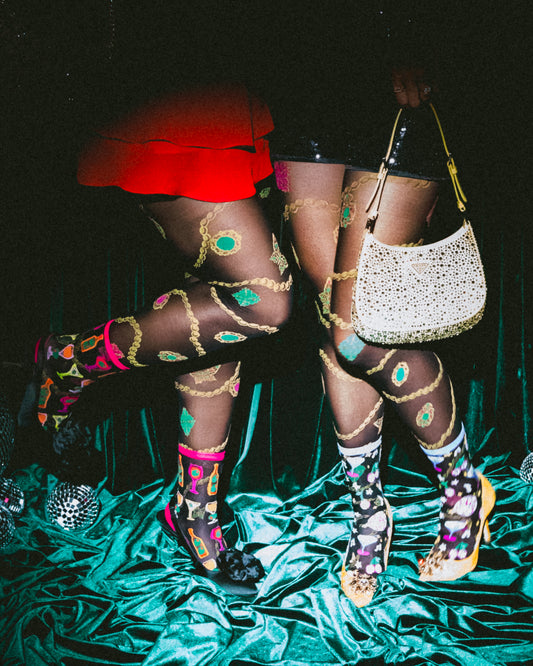 Sock Candy Pearls and Jewels black sheer tights fancy tights holiday party outfits holiday fashion tights holiday inspo