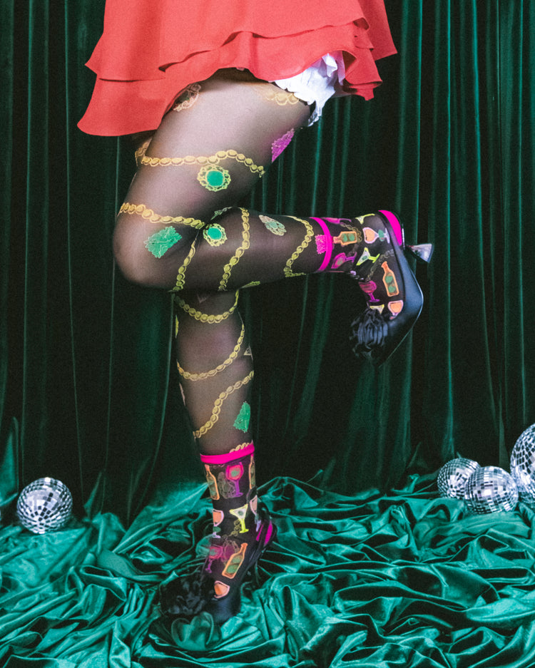 Sock Candy Pearls and Jewels black sheer tights fancy tights holiday party outfits holiday fashion tights holiday inspo