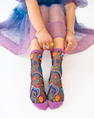 Sock candy pop art planets print sheer sock womens planets rainbow socks