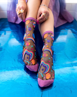 Sock candy pop art planets print sheer sock womens planets rainbow socks