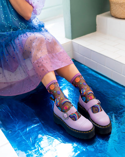 Planets Print Black Sheer Socks for Women - Rainbow Socks – Sock Candy