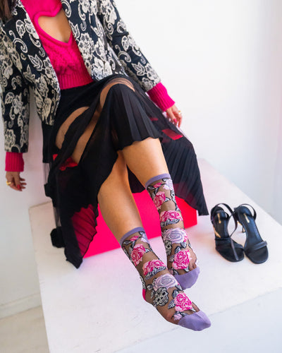 Sock Candy Skulls and Roses black sheer feminine gothic skull halloween socks