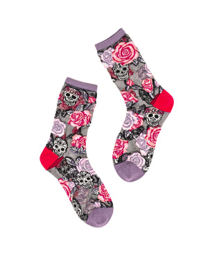 Sock Candy Skulls and Roses black sheer feminine gothic skull halloween socks