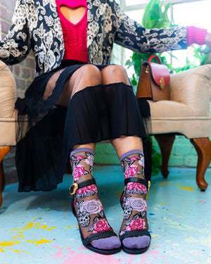 Sock Candy Skulls and Roses black sheer feminine gothic skull halloween socks