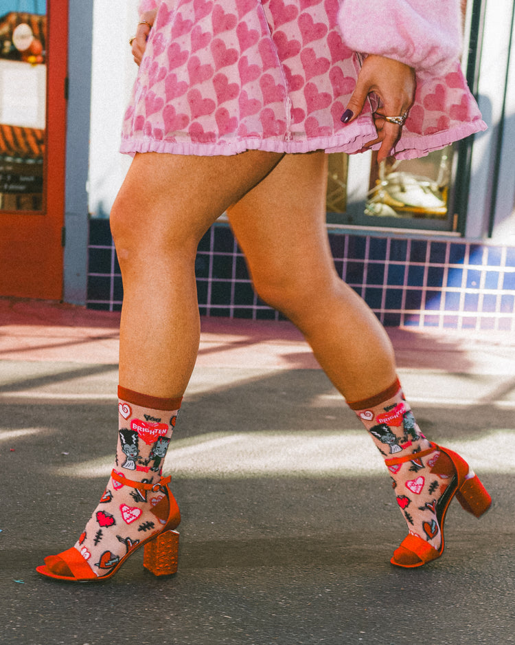 Sock Candy universal monsters you brighten my day shimmer sheer sock valentine's day sock socks and heels cute valentine socks