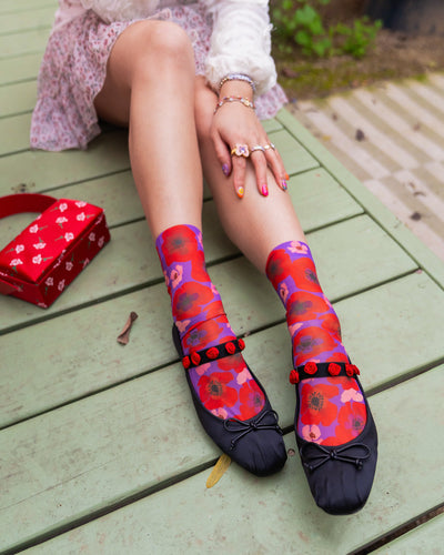 Sock Candy Watercolor Poppy Ankle Sock red floral socks and ballet flats