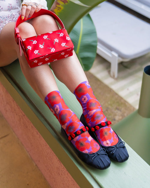 Sock Candy Watercolor Poppy Ankle Sock red floral socks and ballet flats