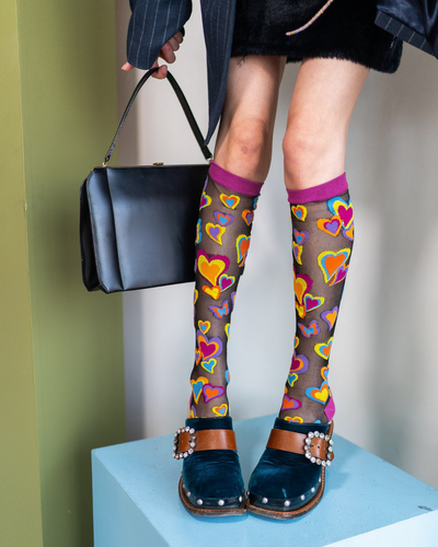Sock Candy Y2K Hearts black sheer knee high socks and clogs knee high heart socks