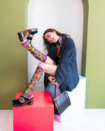 y2k heart knee high socks heart print black sheer socks
