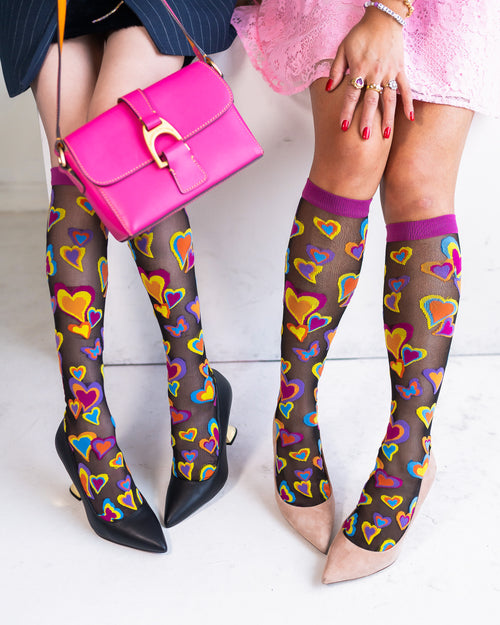 Sock Candy Y2K Hearts black sheer knee high socks and heels