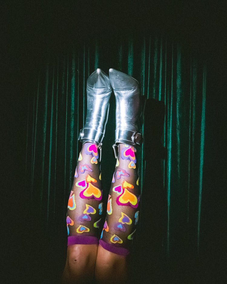 Sock Candy Y2K Hearts black sheer knee high socks and heels