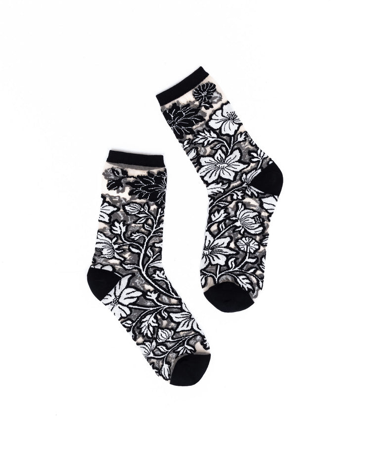 Sock Candy Black and White Florals Sheer Crew Sock Sheer Socks Fashion Socks Floral Socks Black and White Socks