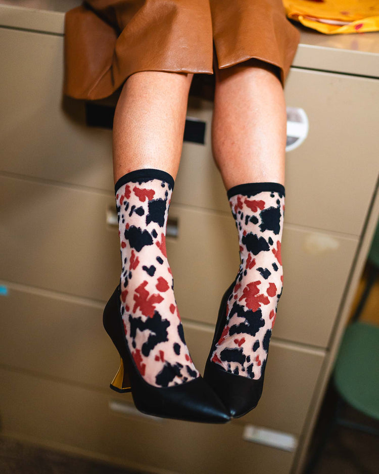 Sock Candy Cowgirl Chic Sheer Crew Sock Sheer Socks Fashion Socks Cute Socks Cow Print Socks Cow Socks Animal Print Socks socks with heels