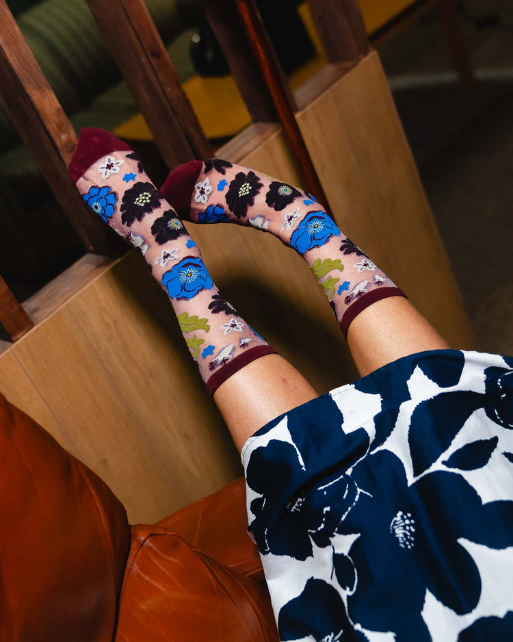 Sock Candy Electric Dusk Floral Shimmer Sheer Crew Sock Sheer Socks Fashion Socks Floral Socks Cute Socks Fall Florals